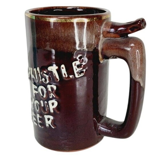 Vintage "Whistle For Your Beer" "Wet Your Whistle" Redware Beer Mug Brown Drip - Picture 8 of 11